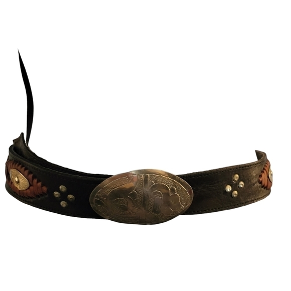 Leather Belt with Large Silver Buckle Metal Studs and Weaved Leather - Picture 1 of 1